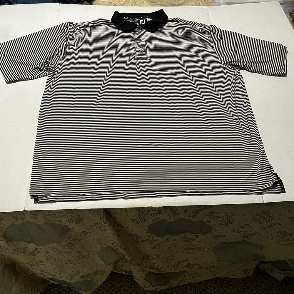 FootJoy FJ Mens Size XXL Black Cream Striped Polo Short Sleeve Shirt Golf Preppy